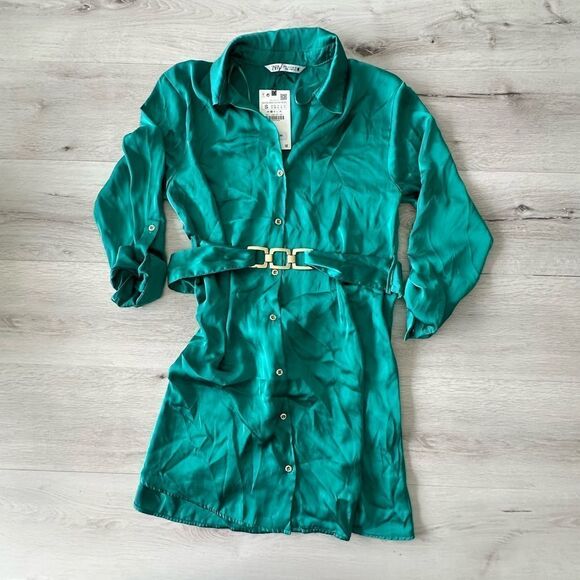 Zara Belted Satin Effect‎ Shirt Dress Green S NWT - Picture 10 of 12